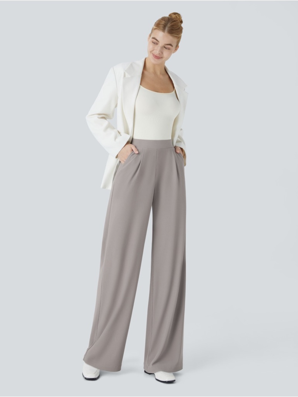 NWT Halara Flex™ MicroWaffle Wide Leg Work Pants Small Regular Taupe Gray - Picture 3 of 9